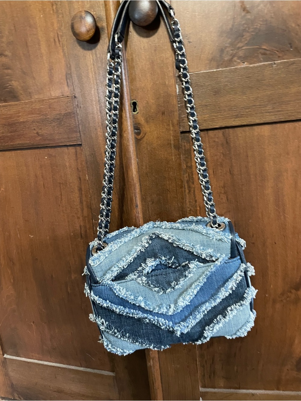 Michael Kors Two-Tone Blue Frayed Denim Chain Crossbody - Picture 7 of 8